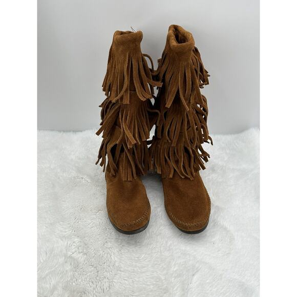 MINNETONKA 3-Layer Fringe Moccasin Mid-Calf High Boho Boot Women's Size 6 - Picture 5 of 15